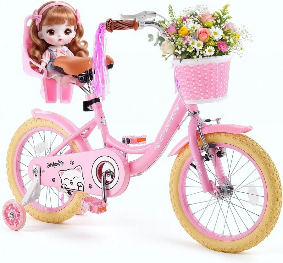 Kinderfiets Racefiets voor meisjes van 4-7 jaar 40 6 cm Met zijwieltjes Dubbele remmen Verstelbaar zadel Poppenzitje en mandje Roze