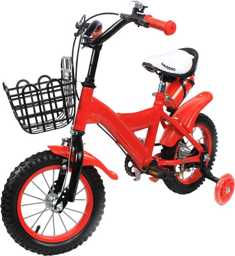 Kinderfiets rood 12 Inch Carbon Staal Met zijwieltjes Beginners fiets Voor jongens of Meisjes Met mand Met waterfles houder