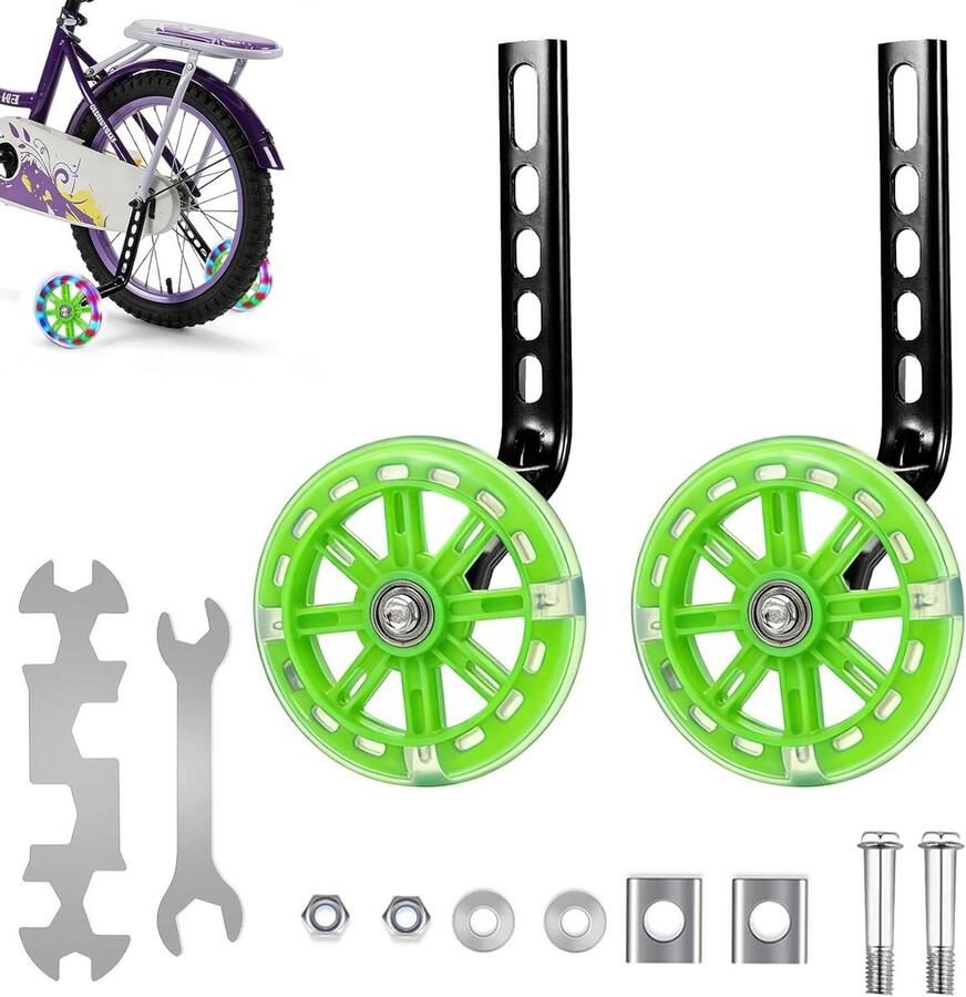 Kinderfiets Steunwielen Hulpwielen Fiets Fietsen Leren Lichtgevende Wielen 12-20 Inch Groen