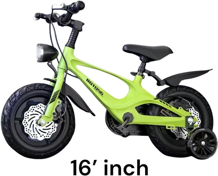 Kinderfiets van 16 inch Groen met Zijwieltjes Schijfremmen en Voorlicht Sportieve Stijl