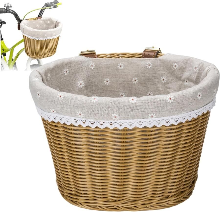 Kinderfietsmand vintage rieten fietsmand met bloemenvoering handgeweven manden voor kinderfietsen groot bruin