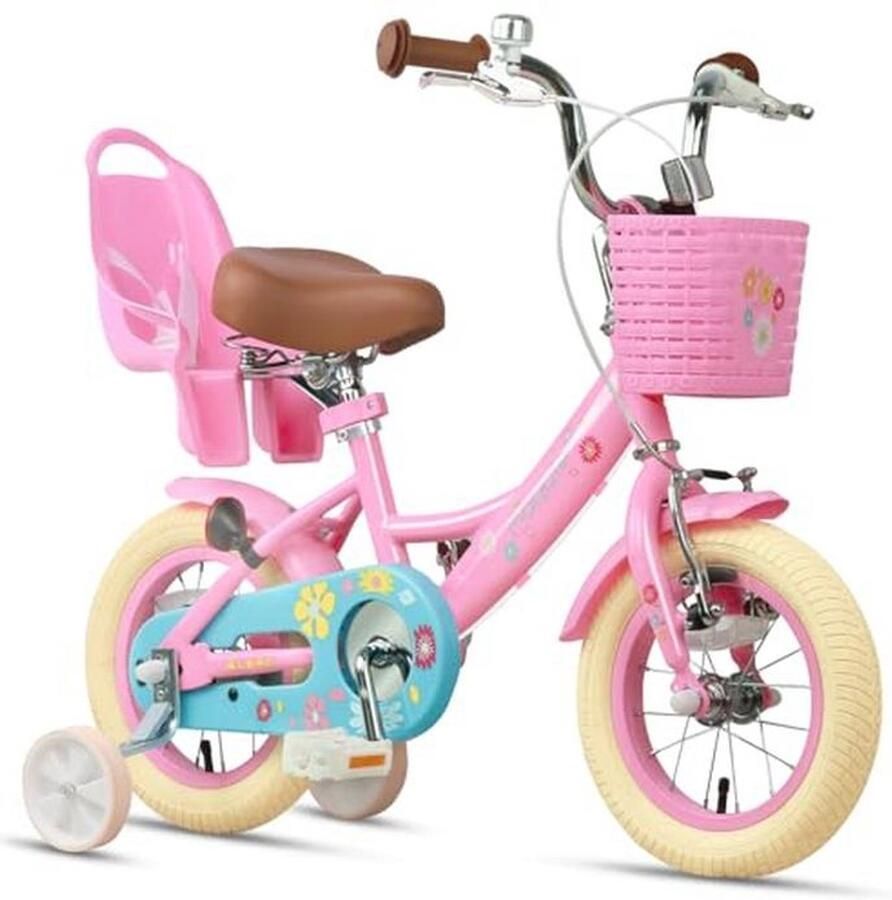 Meisjesfiets 12-20 Prinsessenstijl met Poppenzitje Mand en Trainingswielen voor Kinderen van 2-13 Jaar