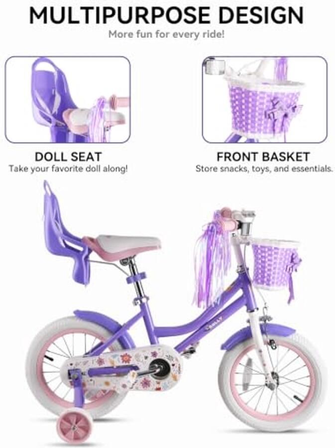 Meisjesfiets 12 Inch met Stabilisatoren en Mand Retro Design Paars