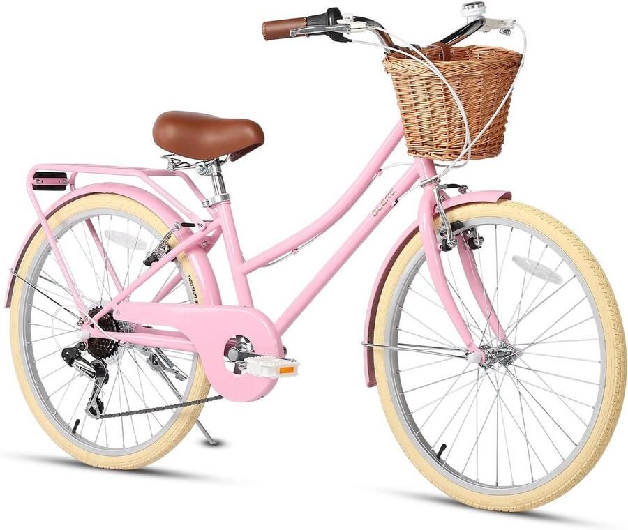 Meisjesfiets 24 inch Hybride Fiets met 6 Versnellingen en Mand