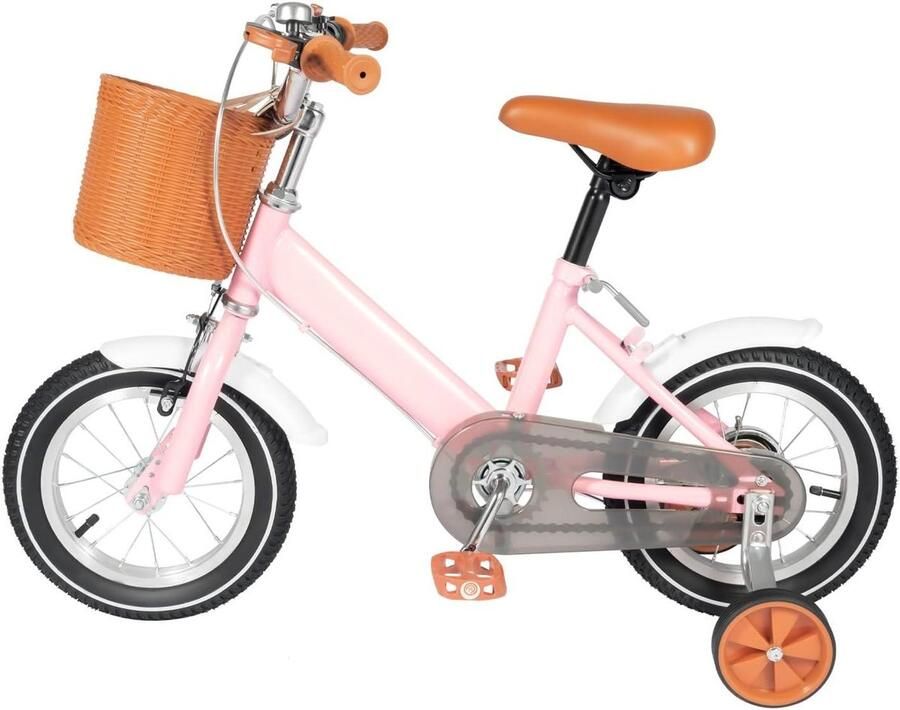 Meisjesfiets Kinderfiets Balansfiets Leren Fietsen Met Mand en Steunwielen 12 inch Roze