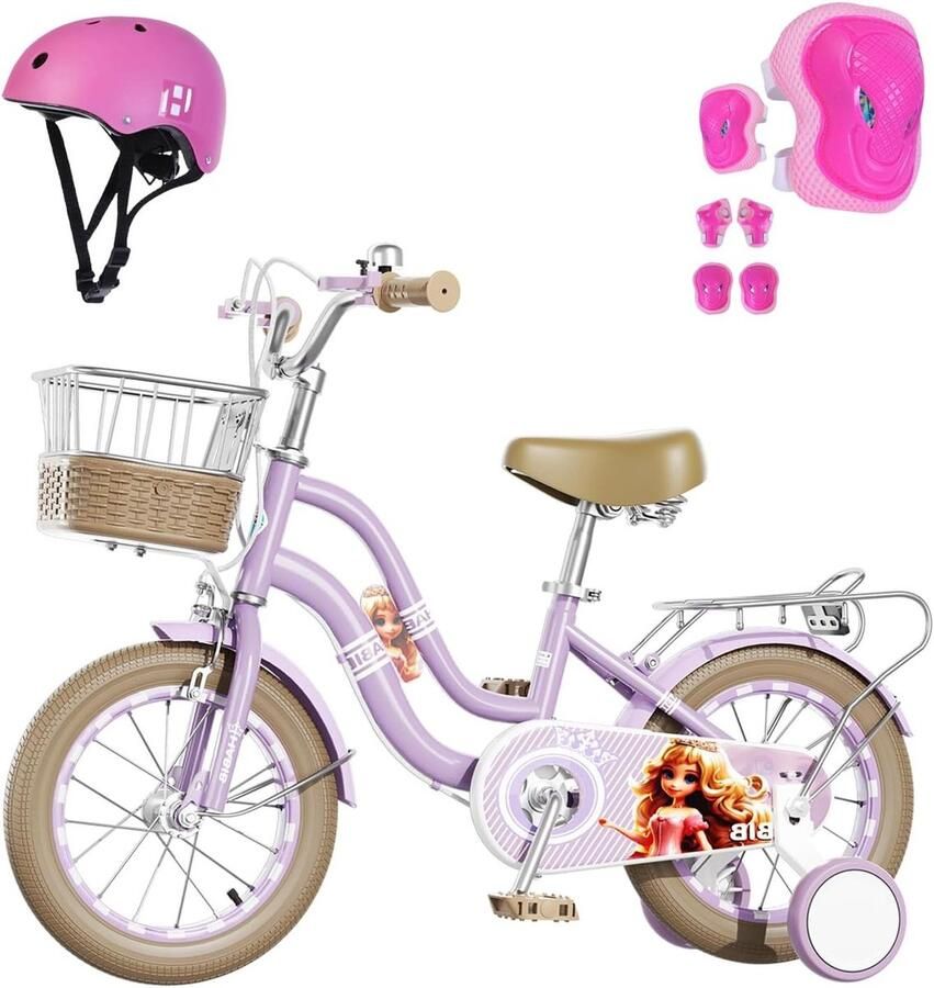 Meisjesfiets Kinderfiets Fiets voor kinderen Veilig Leren Fietsen Inclusief Beschermingsset 14 inch Paars