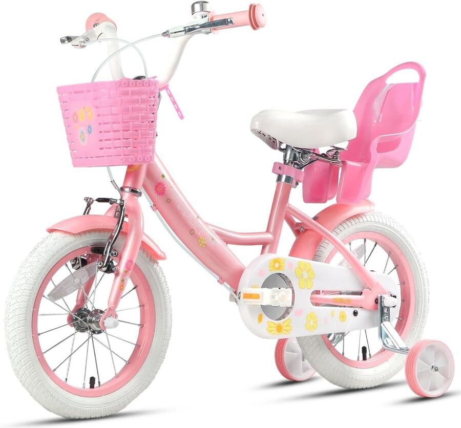 Meisjesfiets Kinderfiets Prinsessenfiets Leren Fietsen Afneembare Zijwieltjes 14 inch Roze en Wit