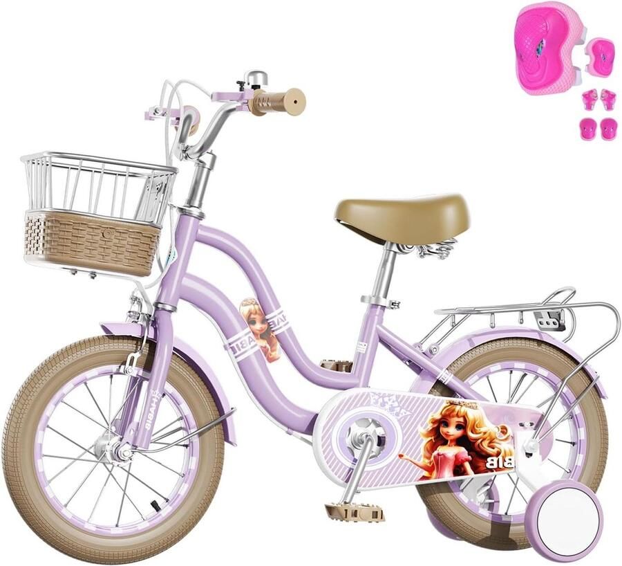 Meisjesfiets Klassiek Kinderfiets Compleet Veilig Leren Fietsen Inclusief Beschermset 12 inch Paars
