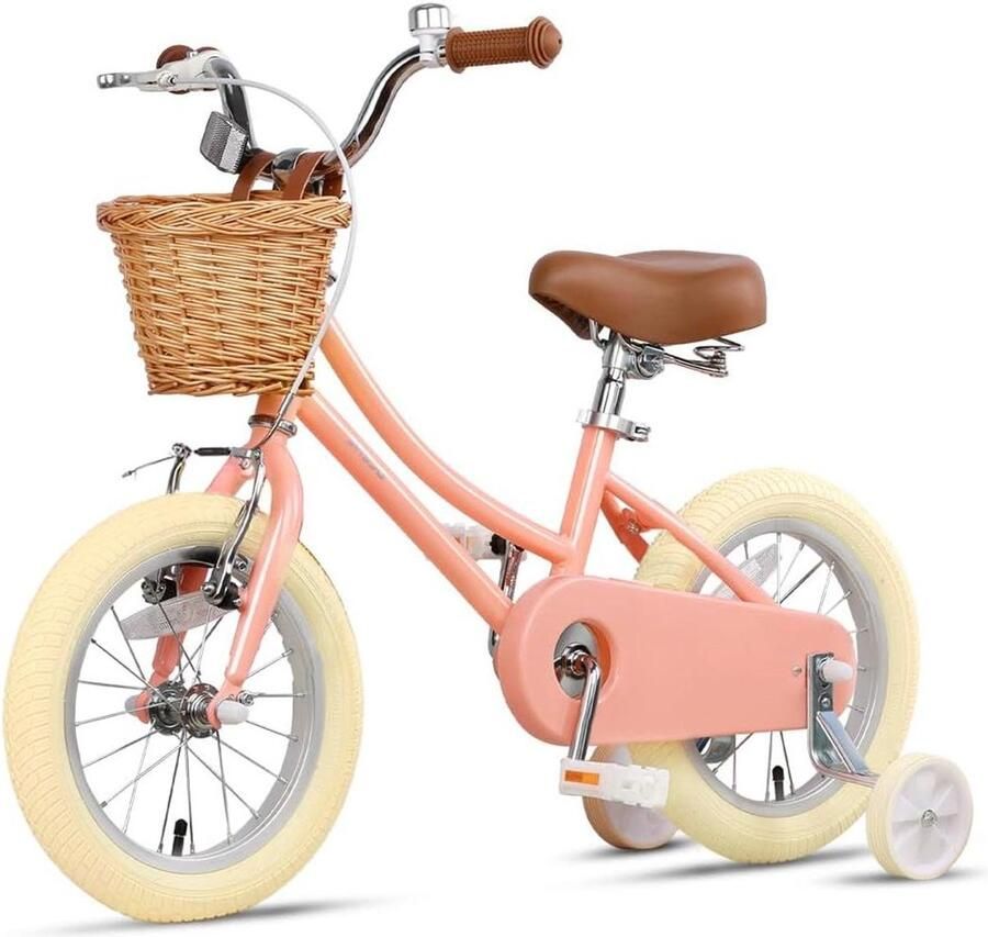 Meisjesfiets met mand Kinderfiets Leren fietsen Verstelbaar zadel en stuur 12-20 inch Perzik