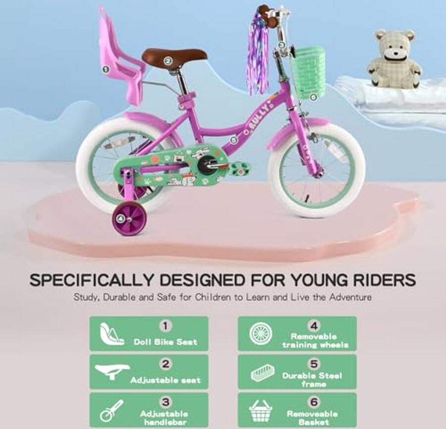 Meisjesfiets met Stabilisatoren en Mand 12-16 Inch