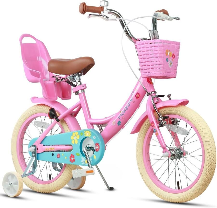 Meisjesfiets prinsessenstijl Kinderfiets met mand Leren fietsen buiten Meegroeiend frame 16 inch Roze