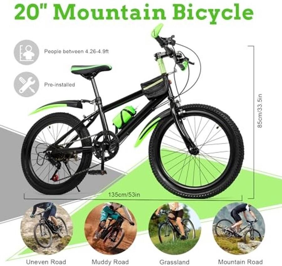 Mountainbike 20 Inch 6 Versnellingen Groen voor Kinderen