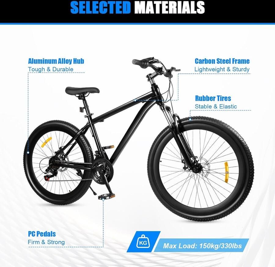 Mountainbike Fiets voor buiten Sport en recreatie 21 versnellingen 26 inch Zwart