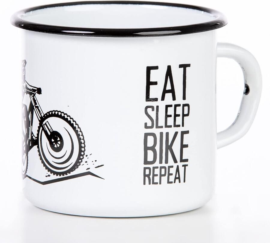 Mountainbike MTB geëmailleerde mok met cool biker-ontwerp EAT Sleep Bike Herhaal licht en robuust door MUGSY.de ShopVlot