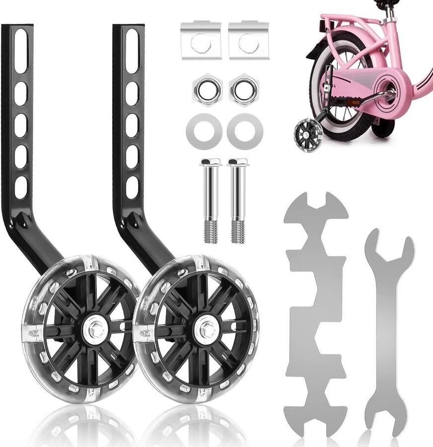 Nordivar Universele Fietssteunwielen voor Kinderfiets Verstelbaar en Veilig met Flash Wielen Geschikt voor 12-20 Inch Fietsen