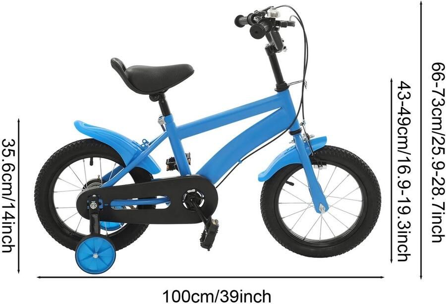 Novyro Living kinderfiets speelfiets met zijwieltjes blauw verstelbare stoel arm leuning BMX stijl 14 inch staal