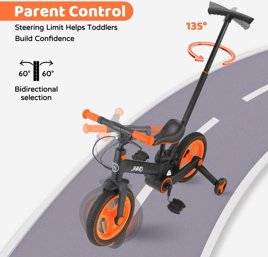 Omgoods 6-in-1 Kinderfiets met Steunwielen en Verstelbare Duwgreep