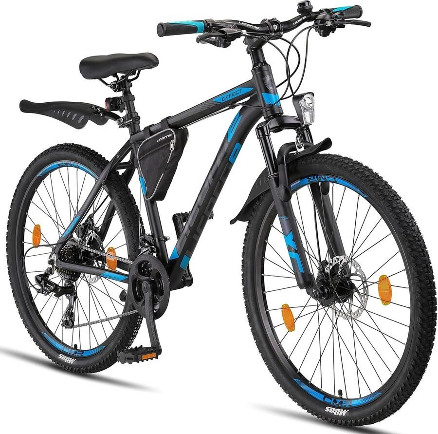 Premium mountainbike met 21 versnellingen en schijfrem zwart blauw voor en