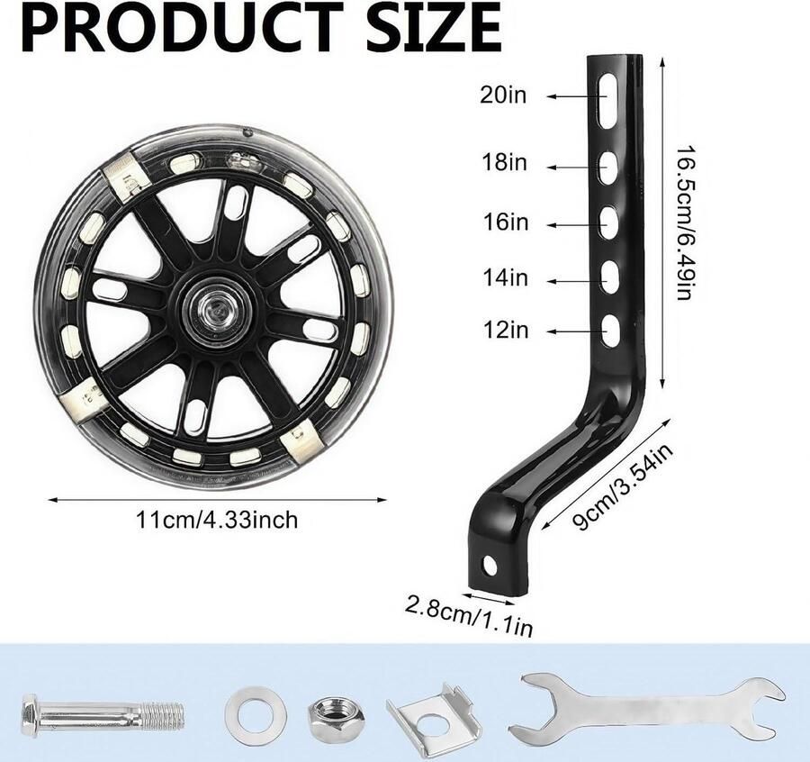 Premium Steunwielen Kinderfiets Hulpwielen Kinderfiets Mute Flash Wielen Verstelbare Fietsstabilisatorkit Kinderen 12-20 inch Zwart