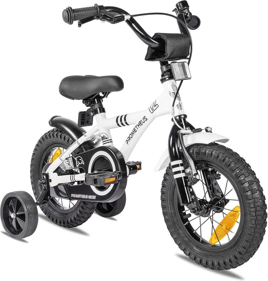 PROMETHEUS BICYCLES kinderfiets 12 inch fiets van 3 jaar met zijwieltjes terugtraprem in wit BMX
