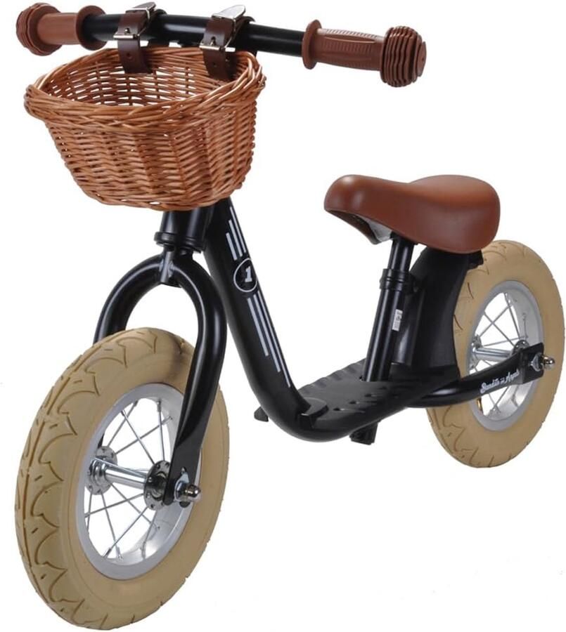Retro Loopfiets Kindercyclus Balansfiets Eerste Balans Leren Met Rieten Mand 10 Inch Wielen Zwart