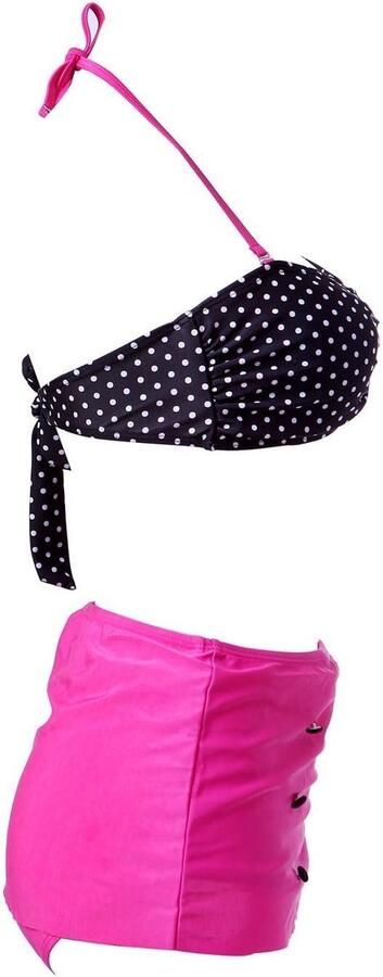 Retro Vintage jaren '50 pin-up girl Rockabilly High Waist Bikini Zwarte stip met roze achtergrond S