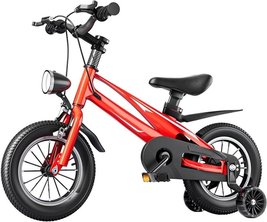 Rijdend speelgoed Kinderfiets for kinderen van 3 tot 7 jaar 12 14 16 inch lichtgewicht magnesiumlegering fiets met voor- en achterrem LED-koplamp en zijwieltjes fiets(Rot 14inch)