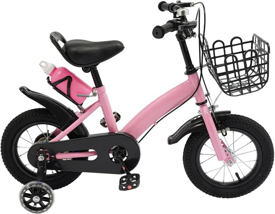 Roze Kinderfiets 12 Inch met Zijwielen Verstelbaar en Opberg d voor en