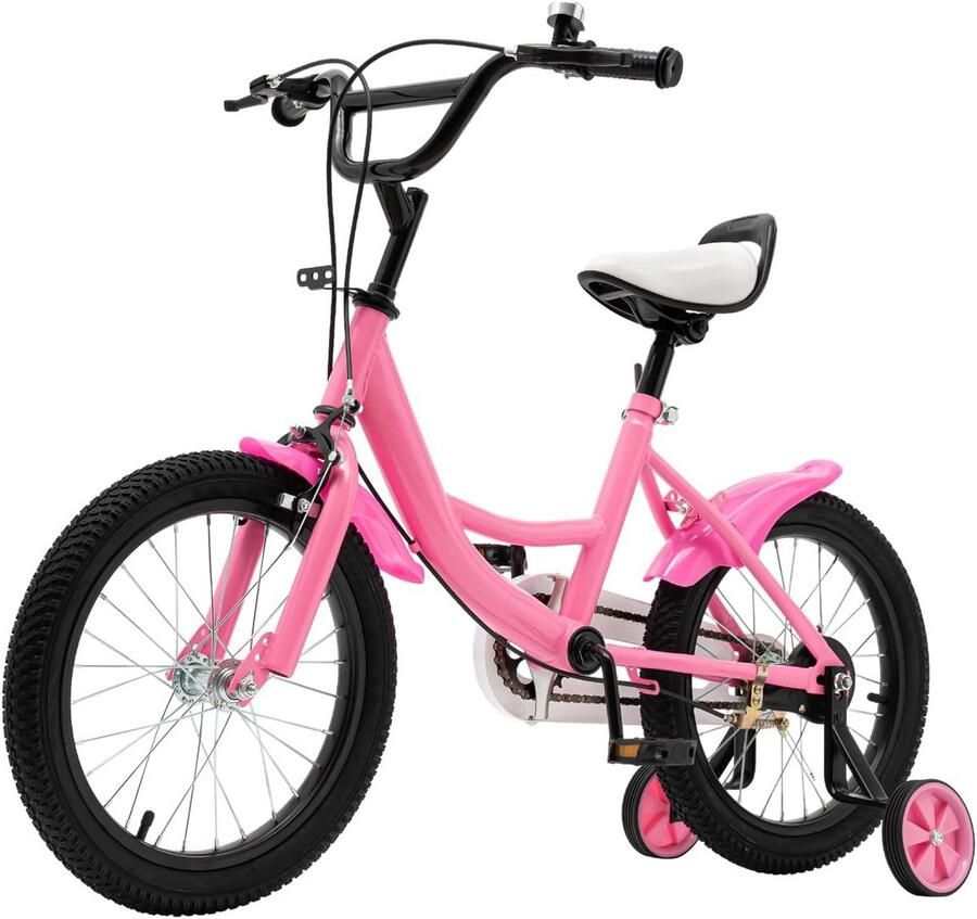 Roze Kinderfiets 16 Inch met Zijwieltjes en Dubbel Remsysteem voor Kinderen 5-8 Jaar