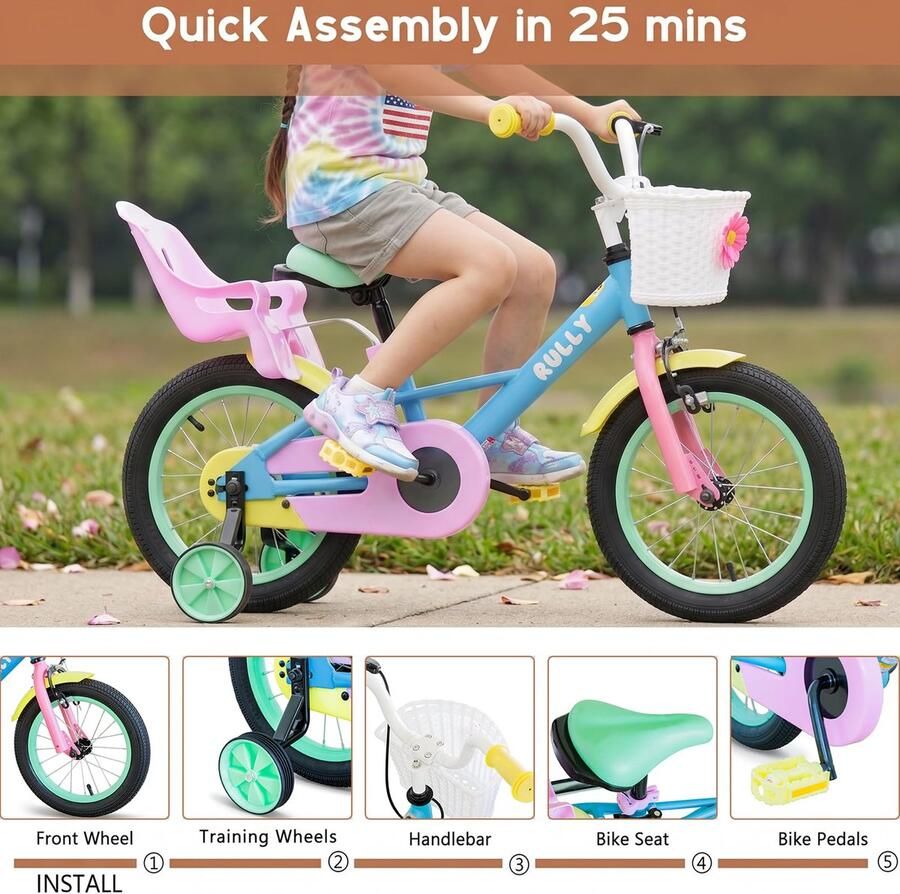 RULLY 16 inch kinderfiets voor meisjes 4 7 jaar (41 53 cm) – kinderfiets met poppenzitje steunwielen en ShopVlot