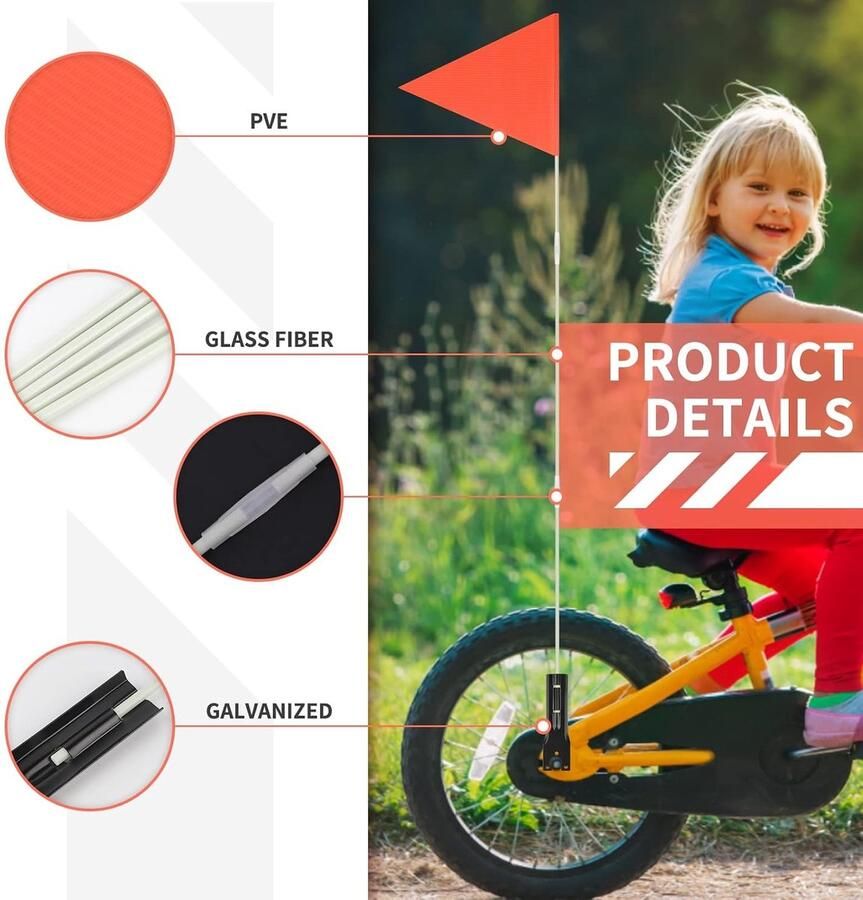 Set van 3 Kinderfiets Vlaggen 200 cm Verstelbare Veiligheidsvlag Fietsaccessoires voor Kinderen Oranje Fietsbanner