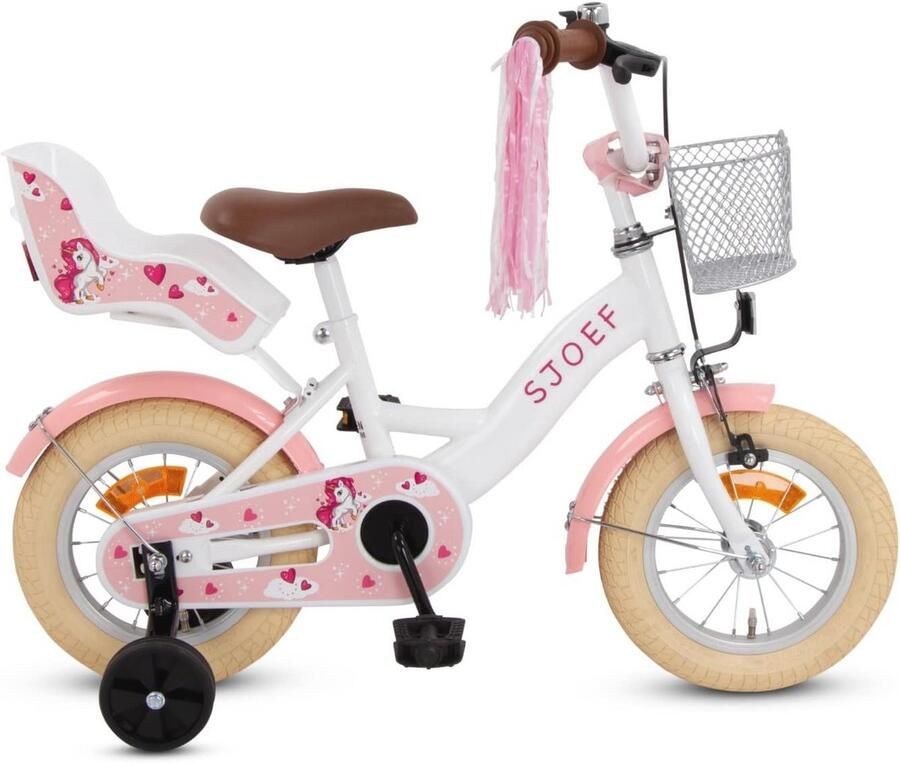 SJOEF Dolly Kinderfiets met Poppenzitje 12 inch Geschikt voor 2-4 jaar Kledingmaat 90-105 cm Fiets voor Meisjes Kinderen met Zijwieltjes Verstelbaar Zadel en Stuur