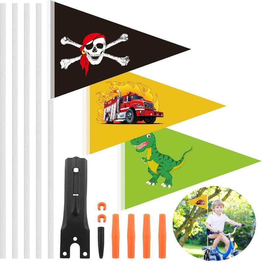 SnelShoppen 3 Stuks Fiets Pennant Kinderfiets Veiligheidsvlaggen met Bevestigingshoek Fietsaccessoires voor Kinderen Piraten Dino en Brandweer