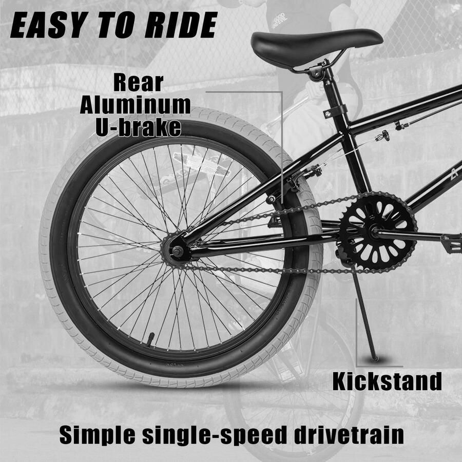 SnelShoppen AVASTA 18 Inch Kinderfiets Freestyle BMX Fiets voor en van 5 tot 8 Jaar Zwart met Grijze Banden Ideaal voor Beginners