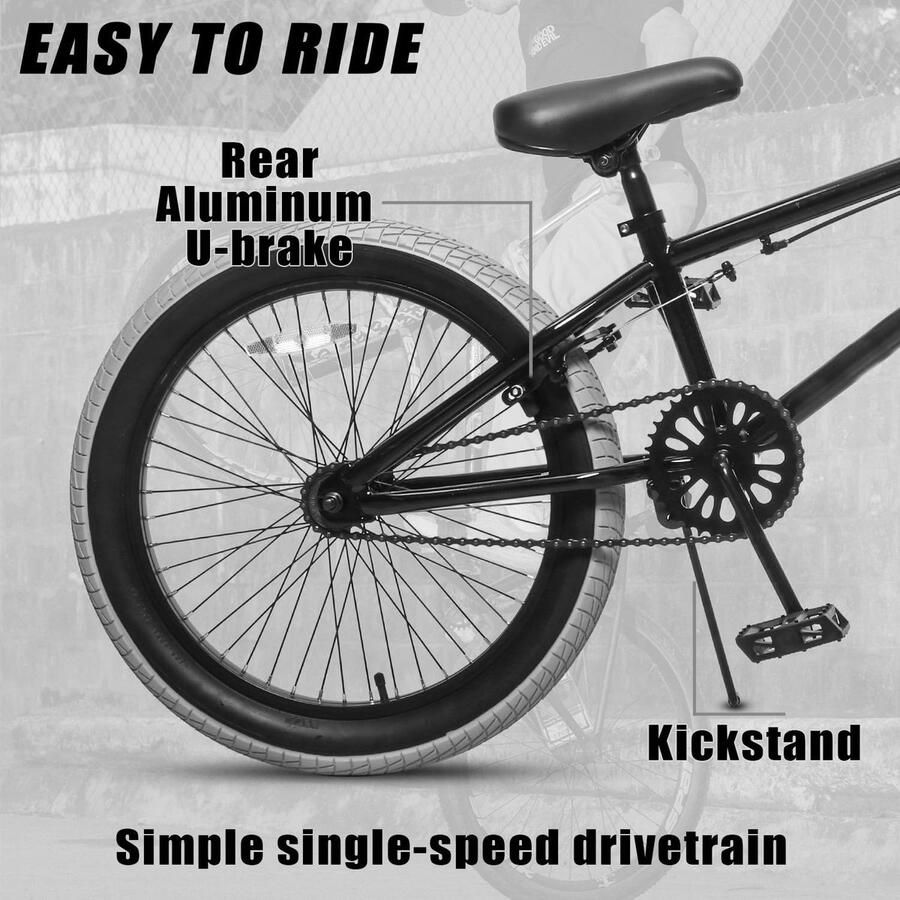 SnelShoppen AVASTA 20 Inch Freestyle BMX Fiets Jeugd Kinderfiets voor 6-14 Jaar met 4 Pegs Zwart met Grijze Banden voor Beginners e