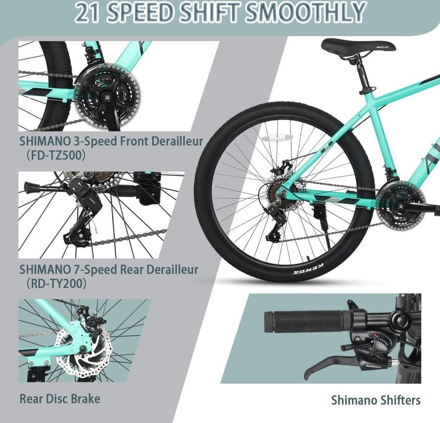 SnelShoppen AVASTA AV300 Mountainbike 26 Inch met Licht Aluminium Frame 21 Versnellingen Voorwielophanging en Schijfrem Groen voor Recreatief