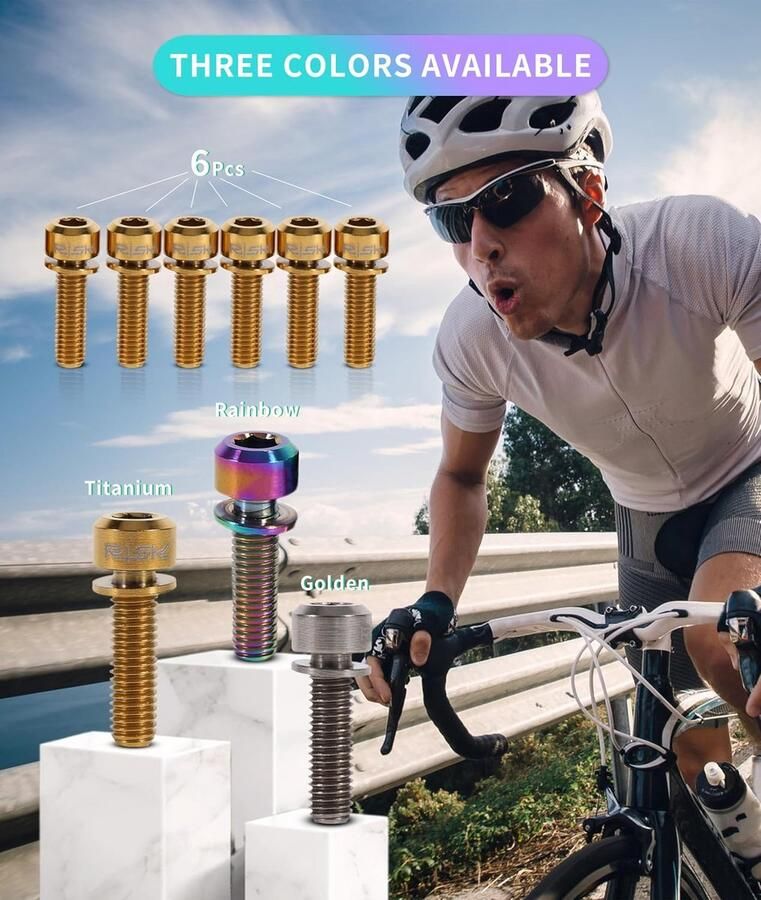 SnelShoppen Fiets Stem Bouten Set van 6 Stuks Lichtgewicht Titanium Legering M5 * 18mm Bouten met Ringen voor MTB Fiets Corrosiebestendige en Duur
