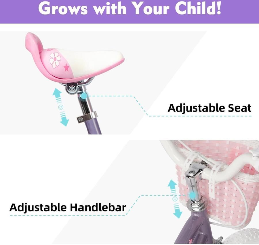 SnelShoppen Glerc 14 Inch Kinderfiets Voor Meisjes Prinsessenstijl Met Stuurkwasten Mand Steunwielen Paars Voor Kinderen Van 3-5 Jaar Fiets Vo