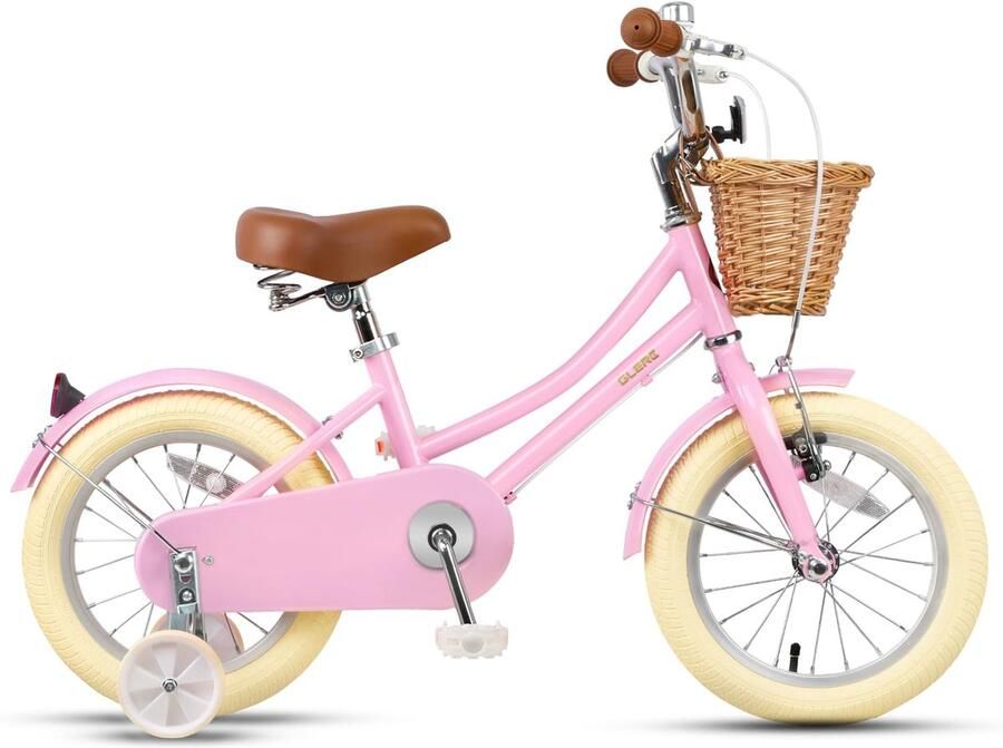 SnelShoppen Glerc Kinderfiets 14 inch voor Meisjes 3-5 Jaar Retro Vintage Stijl Met Mand Zijwielen en Bel in Roze Perfect voor Buiten Spelen