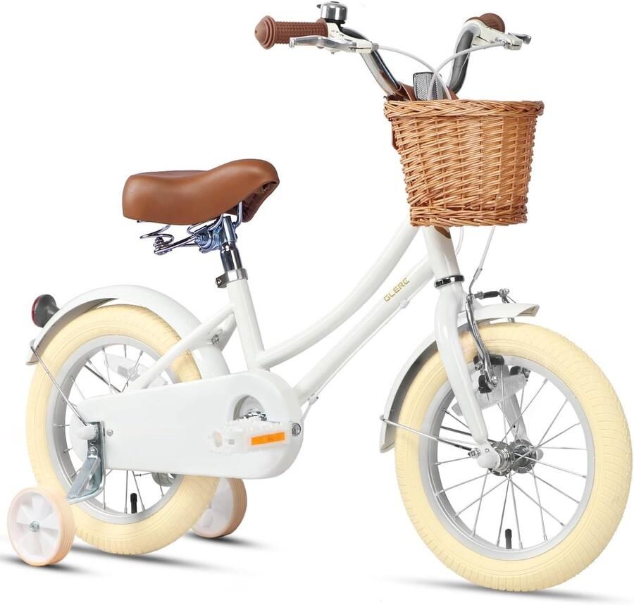 SnelShoppen Glerc Kinderfiets 14 inch voor meisjes retro vintage stijl met mand zijwielen en bel ideaal voor kinderen van 3 t m 5 jaar kleur wit