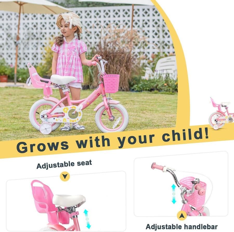 SnelShoppen Glerc Maggie 14 inch kinderfiets voor meisjes van 2-7 jaar prinsesfiets met poppenzitje mandje steunwielen en belletje roze tot wit