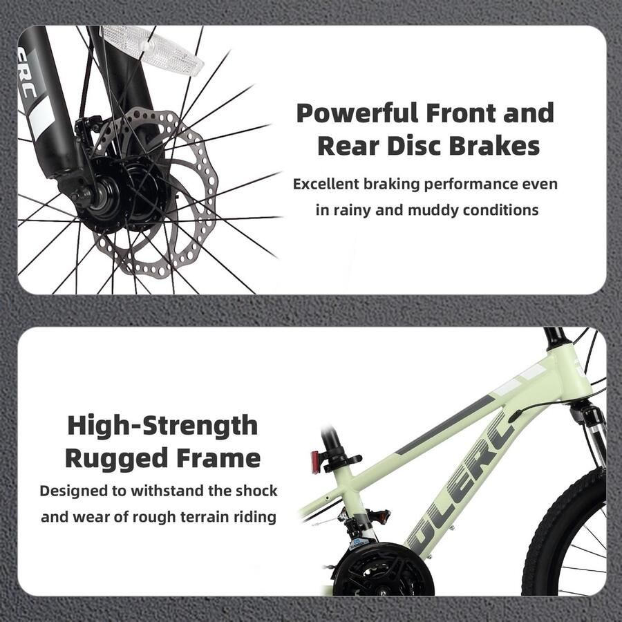 SnelShoppen Glerc Skyline Kinder Mountainbike 20 Inch Fiets voor en 21 Versnellingen Voorvering Schijfrem Stevig Groen Frame
