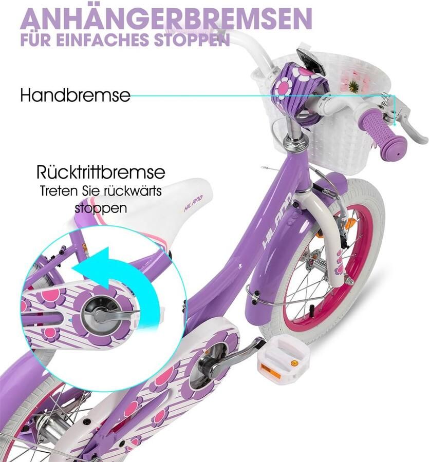 SnelShoppen HILAND 16 inch Kinderfiets Meisjes met Mand en Steunwielen Paars Geschikt voor 4-7 Jaar Perfect voor Avonturen en Speelplezier Buiten