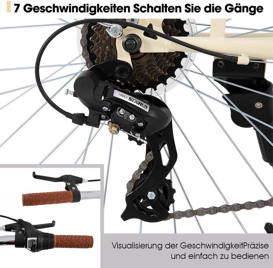 SnelShoppen HILAND Cruiser Bike Stadsfiets 26 inch voor nen en Beige Step-Through Frame 7 Versnellingen Bagagedrager en d Perfect