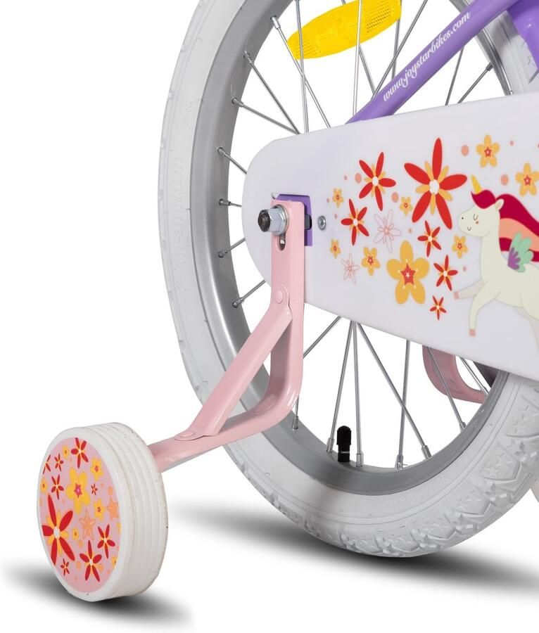 SnelShoppen JOYSTAR Eenhoorn Kinderfiets 18 inch (45 7 cm) voor Meisjes 6-9 jaar Lichtpaars met Poppenfietszadel Steunwielen en Mandstreamer