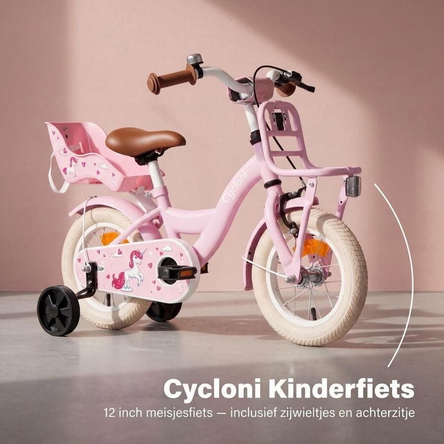 SnelShoppen Kinderfiets 12 Inch Meisjesfiets Roze Fiets voor Kinderen met Zadel en Steunwielen Perfect voor Eerste Fietservaring