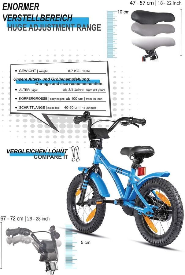 SnelShoppen Kinderfiets 14 inch voor en Blauw BMX met zijwieltjes en terugtraprem Fiets voor kinderen van 4 jaar Perfect voor
