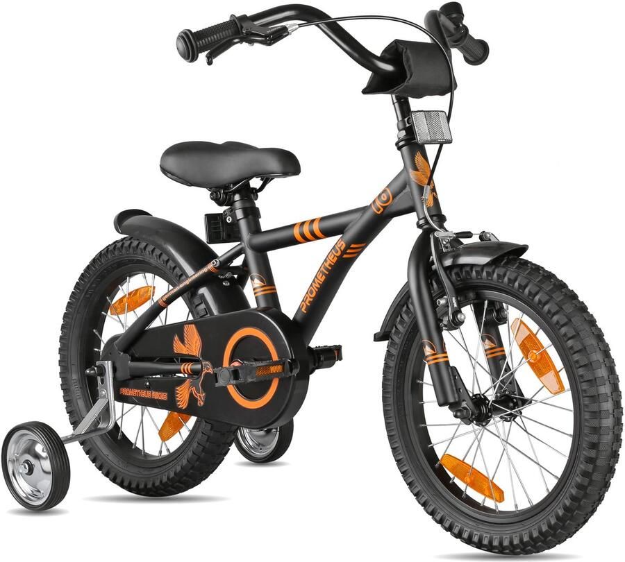 SnelShoppen Kinderfiets 16 inch BMX Fiets voor en Zwart Mat Oranje Geschikt voor Kinderen van 5 Jaar met Zijwieltjes en Terugtra