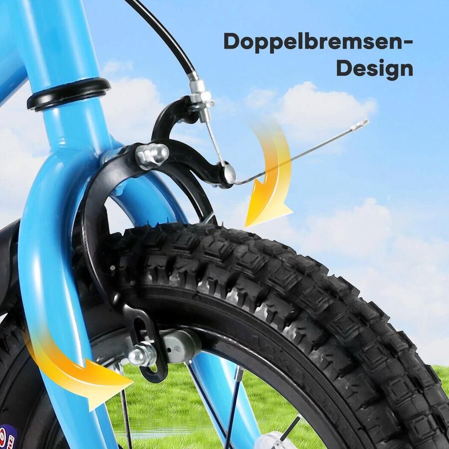 SnelShoppen Kinderfiets 16 inch voor en met verstelbare zitting steunwielen handrem terugtraprem en stevig frame (blauw)