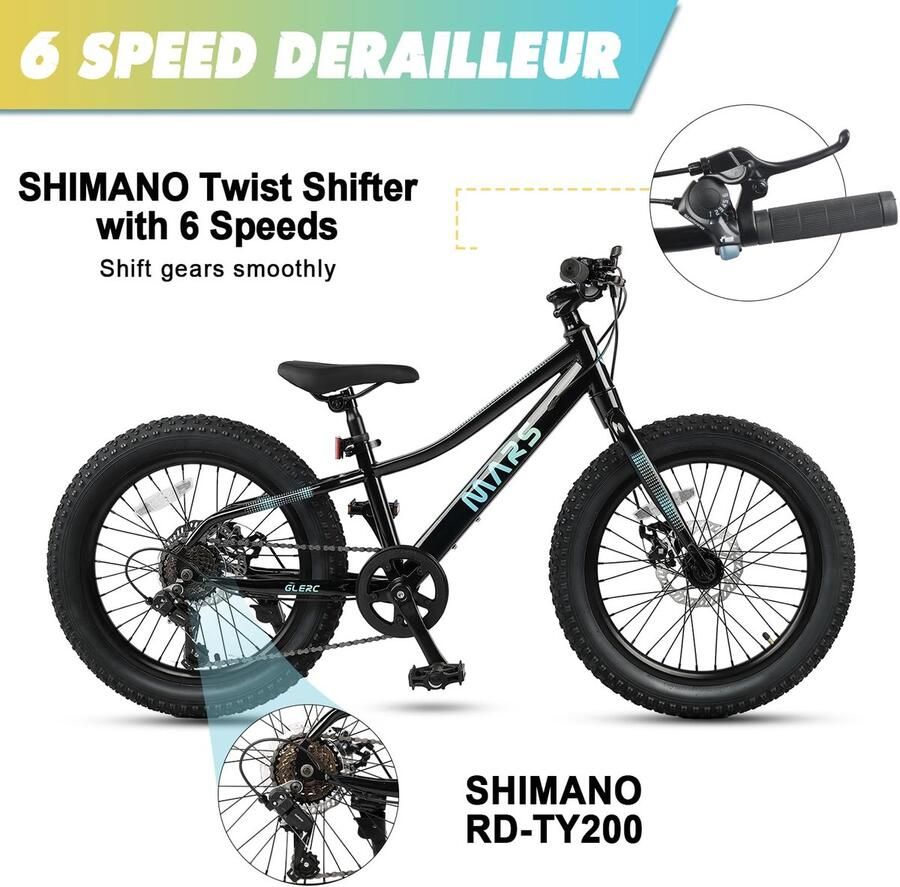 SnelShoppen Kinderfiets 20 Inch Dikke Banden Mountainbike voor en 6-12 Jaar met Shi o 6 Versnellingen en Duale Schijfrem Zwar